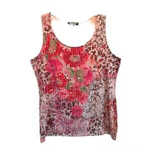 Absolutely Famous Pink Sequined Floral Tank Top Size Large